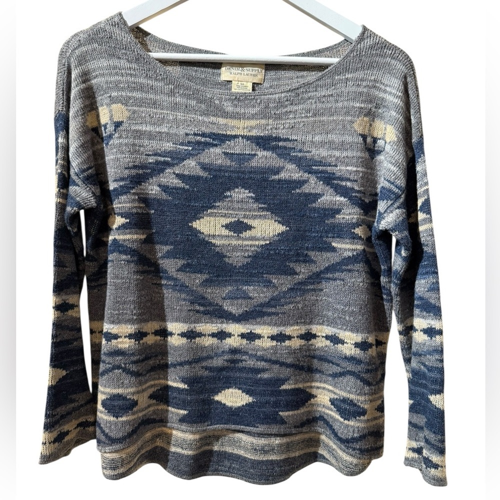 DENIM & SUPPLY RALPH LAUREN Aztec Knit Sweater Southwestern‎ Blue Tan Size S